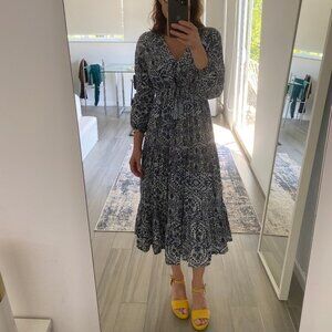 Lucky Brand XS Long Sleeve Long Tiered Midi Dress with Blue Print and Tassel-tie